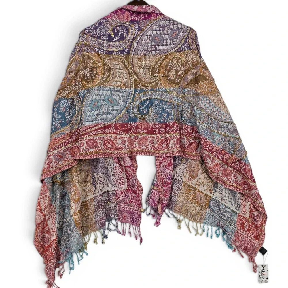 Raj Patchwork Paisley Ruana Kimono Fringe Wrap Boho Festival NWT One Size